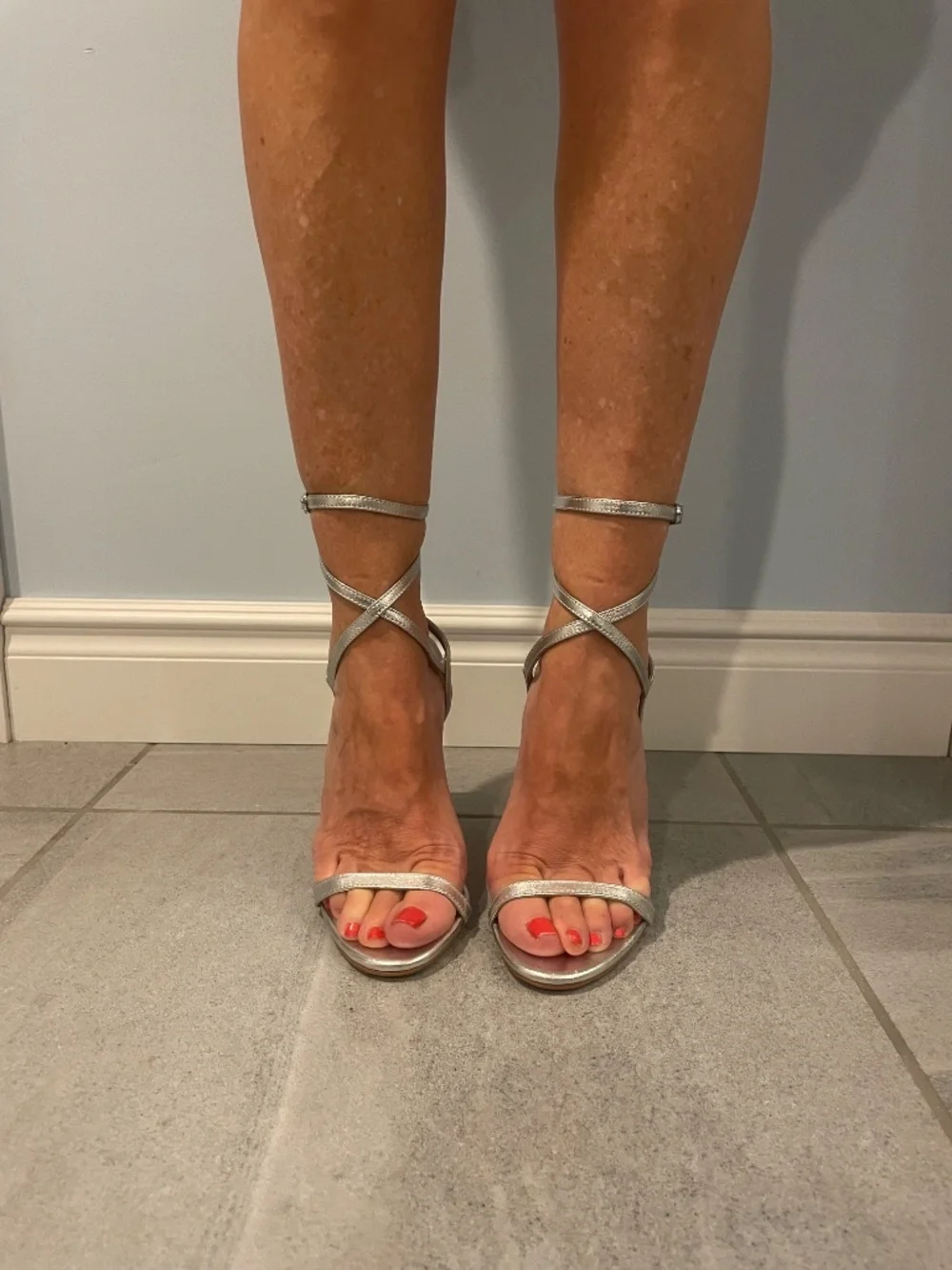 SAM EDELMAN Silver Double Ankle Wrap Heeled Sandals